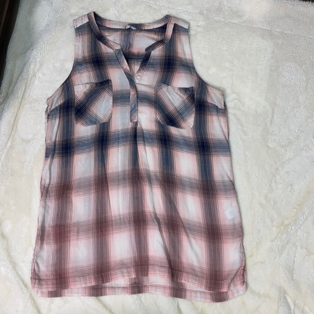 Pink grey and white sleeveless shirt